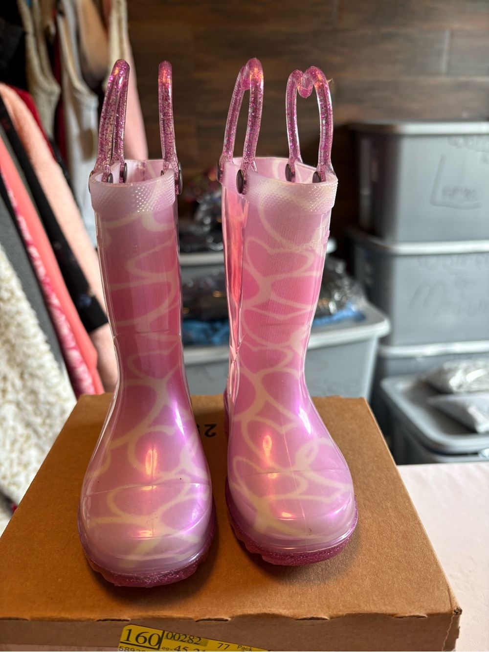 Western Chief Pink Pearlized Glitter Heart Light Up Rain Boots